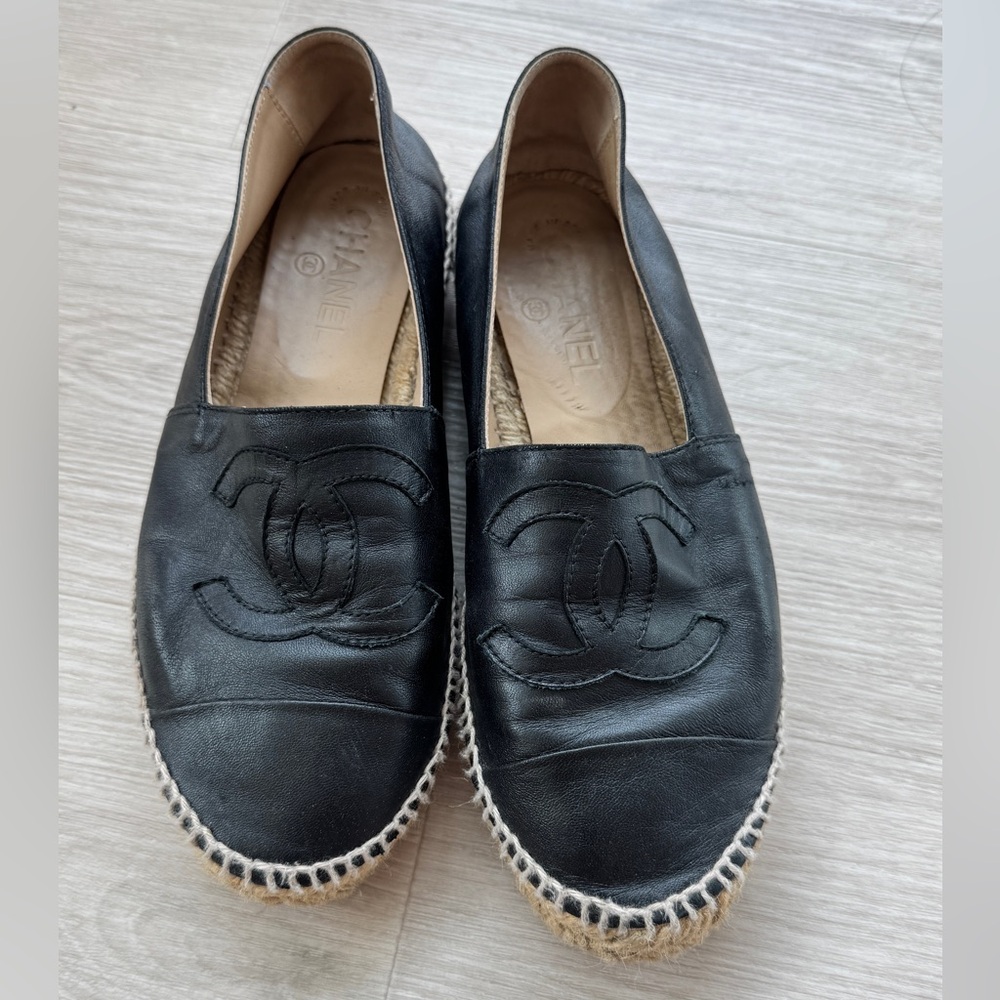 CHANEL Black Leather Espadrilles